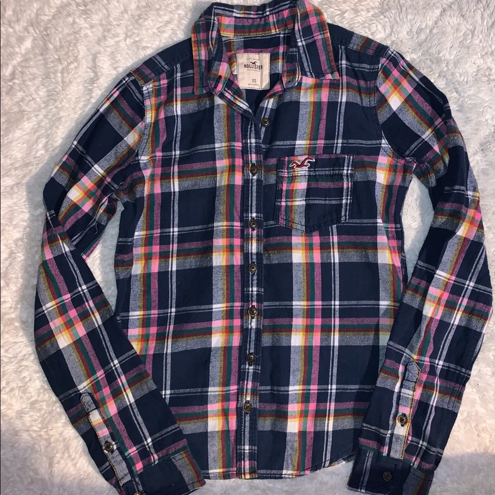 Hollister Navy and Pink Plaid Button Down Shirt